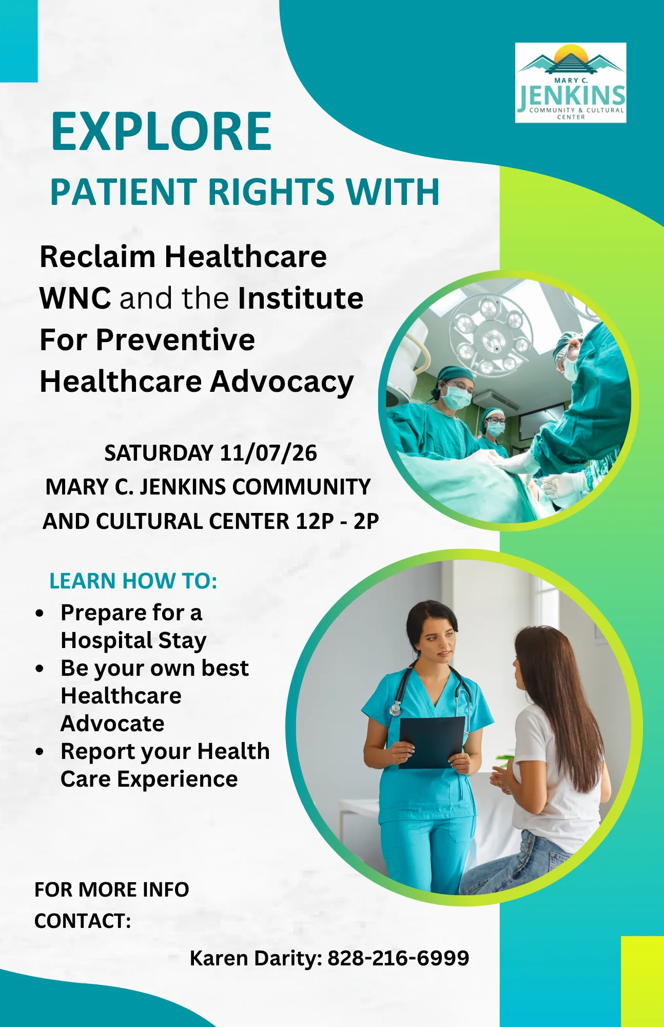 Flyer for Explore Patient Rights with Reclaim Healthcare WNC and the Institute for Preventive Healthcare Advocacy: Saturday, November 7, noon to 2 p.m., Mary C. Jenkins Community and Cultural Center. More info: Karen Darity, 828-216-6999.
